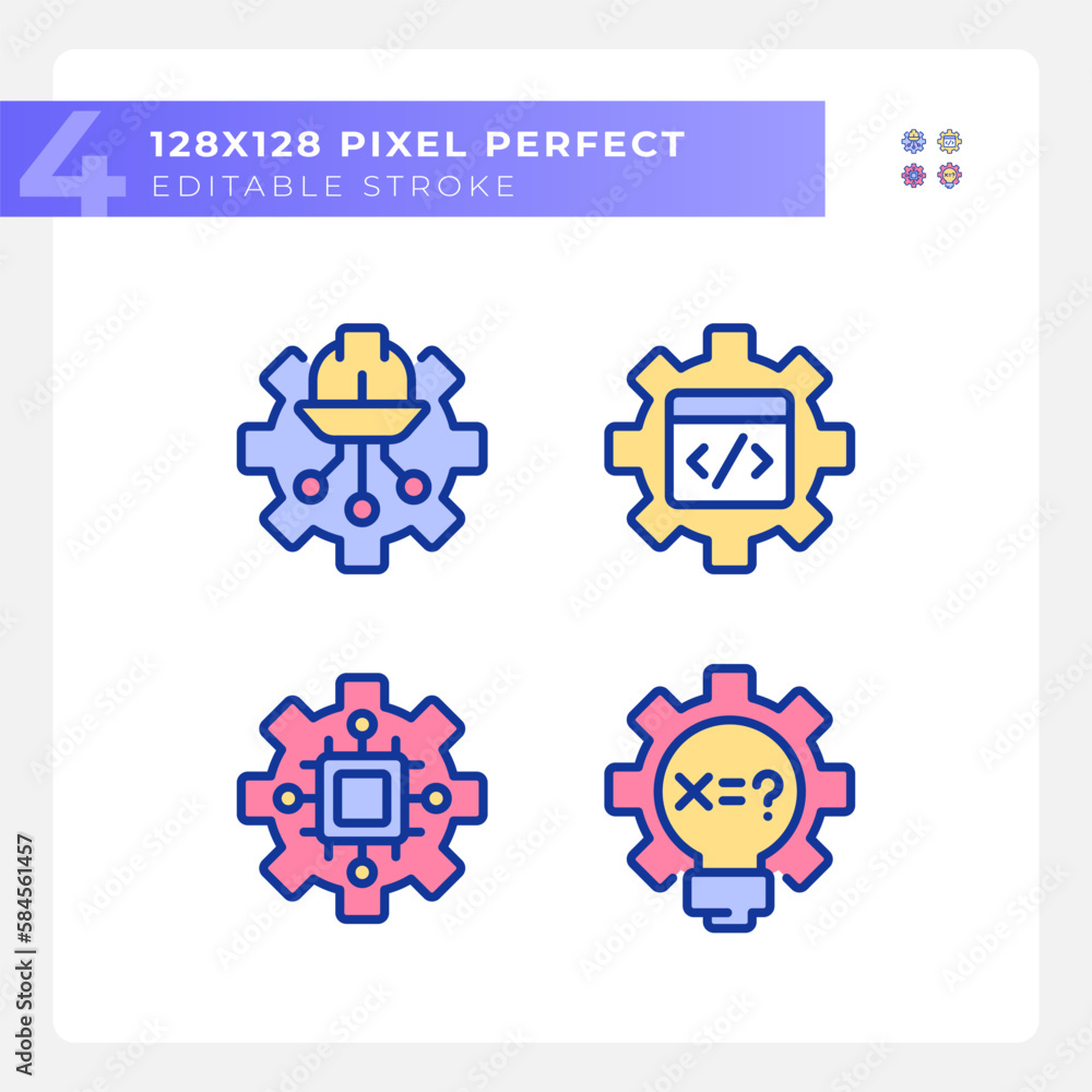 Poster stem technology settings pixel perfect rgb color icons set. digital science lessons. education impro