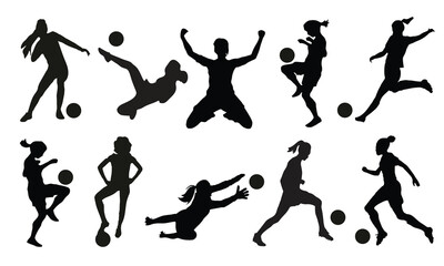 Set of Women soccer player silhouettes. Isolated on white background. Vector illustration