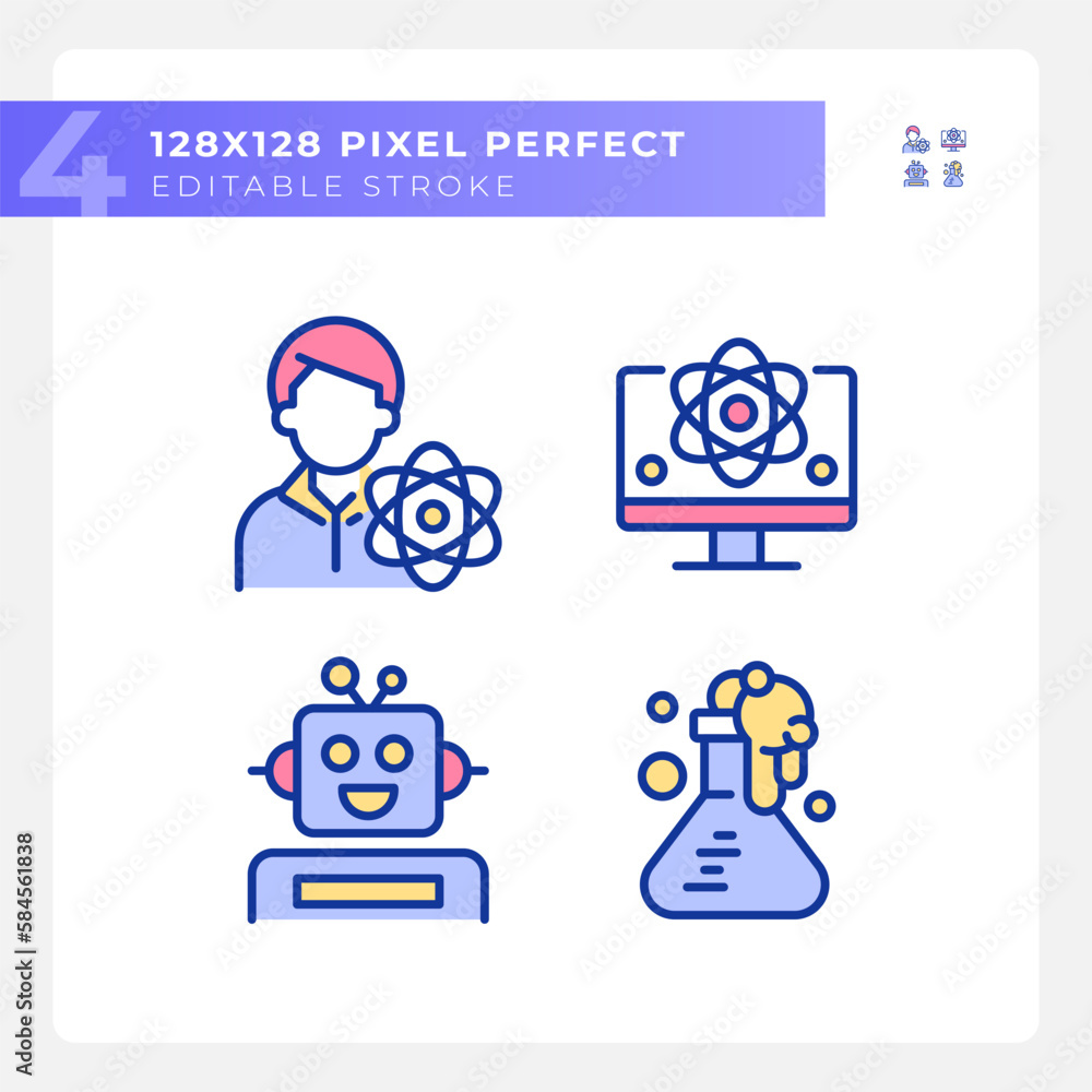 Poster stem technology and ai pixel perfect rgb color icons set. education industry development. automation