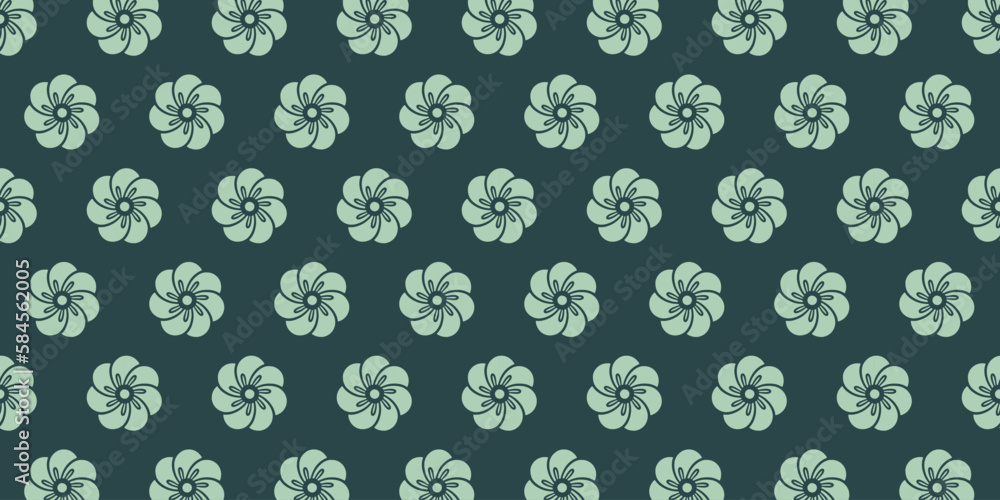 Poster minimalistic vector seamless pattern with small turquoise flowers on a dark background for textiles,