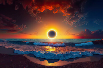 A total solar eclipse with the sun just above the horizon, view from the beach at sunset - Generative AI - obrazy, fototapety, plakaty
