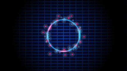 Glowing neon blue and purple circle with in dots with sparkles abstract background. Technology glowing swirl light effect. Power energy of circular element. Shining blue and red neon lights cosmic.
