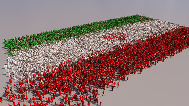 Iranian Flag formed from a Crowd of People. Banner of Iran on White.