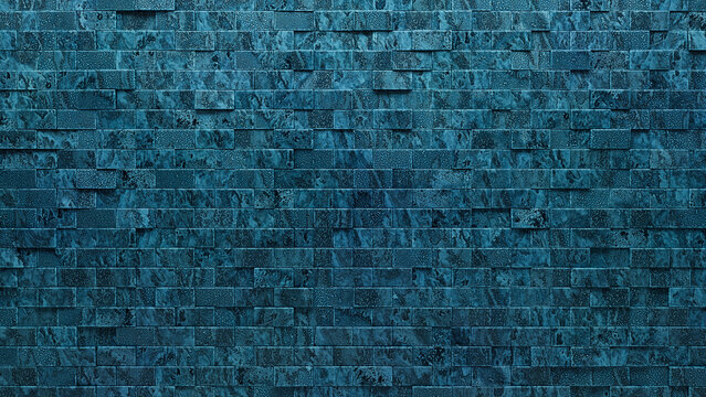Blue Patina, 3D Mosaic Tiles arranged in the shape of a wall. Textured, Glazed, Blocks stacked to create a Rectangular block background. 3D Render