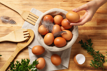 Concept of natural farm product - eggs, top view