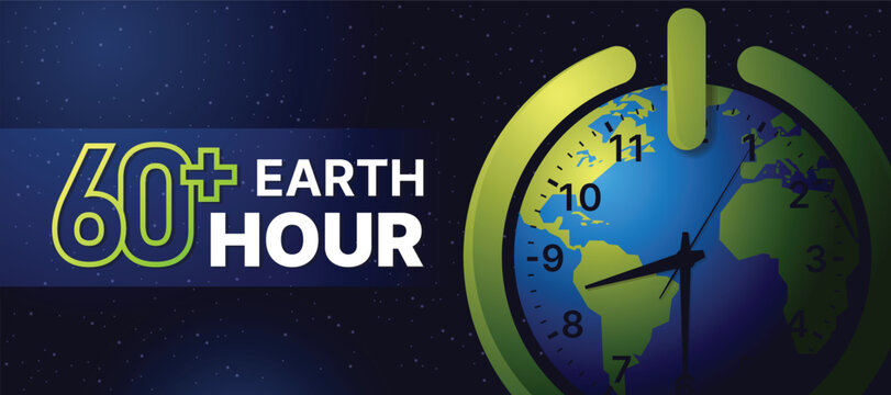 60 minutes plus, Earth hour text and green circle shutdown sign around on globe world on dark space background vector design