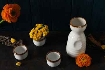 Traditional Japanese alcoholic drink - Sake, traditional asian drinks concept