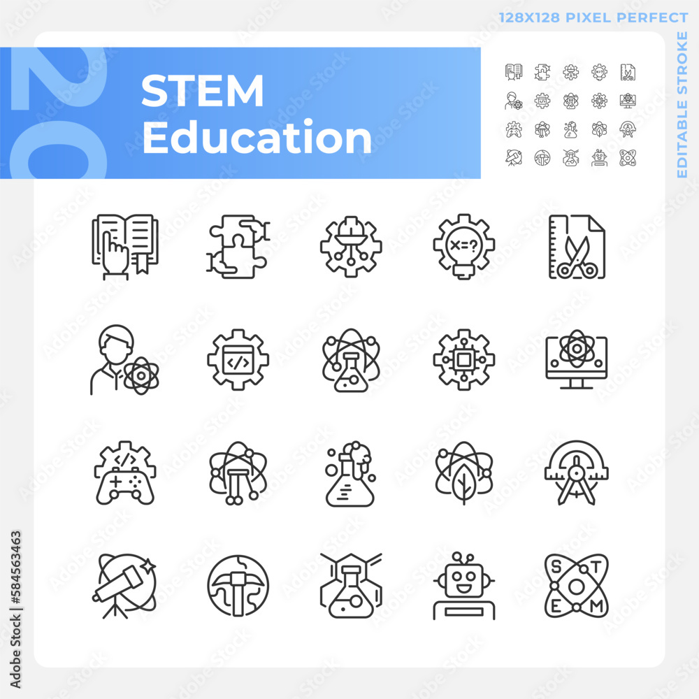 Poster stem education pixel perfect linear icons set. integrate computing technology. students development.