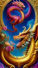Fototapeta premium A fantastic fairy-tale dragon. Generated by AI. The theme of the Chinese New Year of astrology and horoscopes. Fantasy style