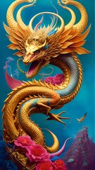 Fototapeta premium A fantastic fairy-tale dragon. Generated by AI. The theme of the Chinese New Year of astrology and horoscopes. Fantasy style
