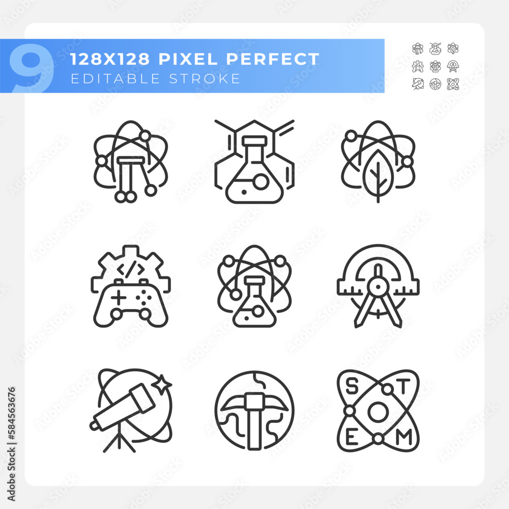 Poster opportunities of stem education pixel perfect linear icons set. innovative scientific methods. compu