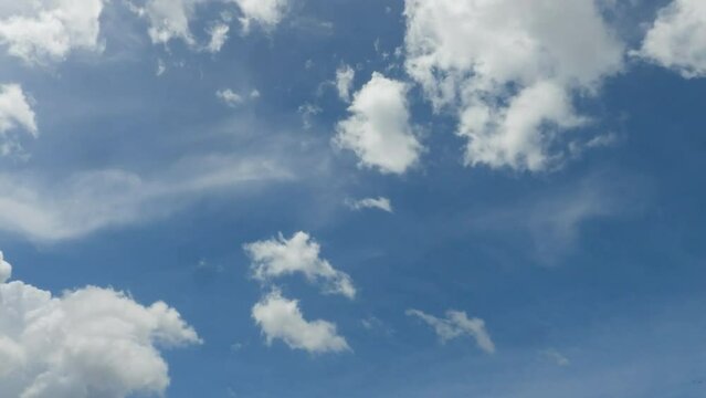 Sky time lapse of clouds with blue sky in sunny hot summer weather, natural fast motion big mass moving in horizon.