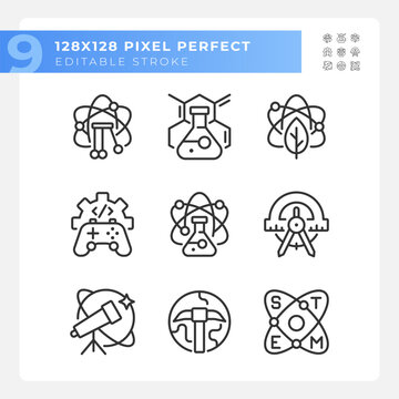 Opportunities of STEM education pixel perfect linear icons set. Innovative scientific methods. Computing. Customizable thin line symbols. Isolated vector outline illustrations. Editable stroke