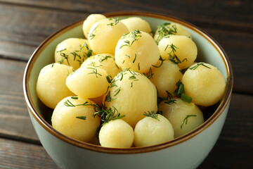 Concept of tasty food with boiled young potatoes, close up
