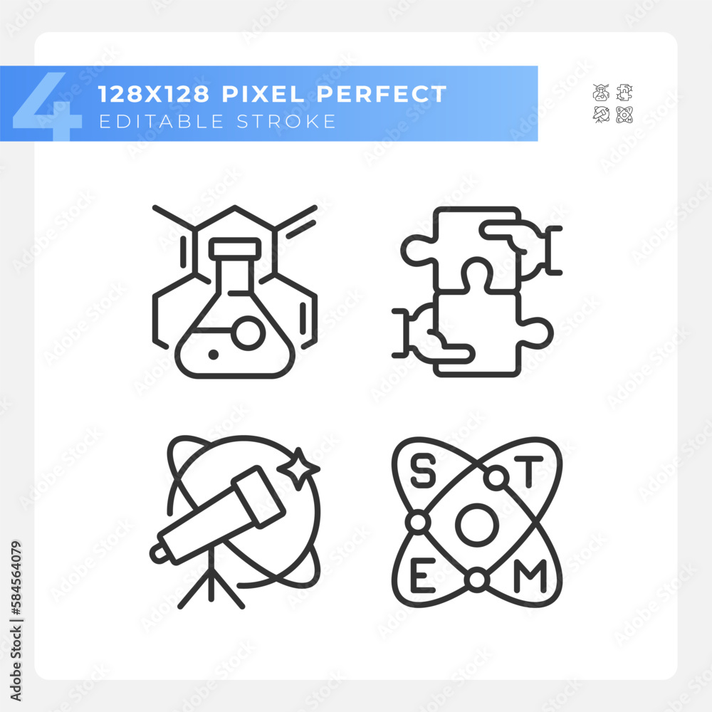 Poster stem impact on education pixel perfect linear icons set. innovative technology of research. developm