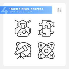 STEM impact on education pixel perfect linear icons set. Innovative technology of research. Development. Customizable thin line symbols. Isolated vector outline illustrations. Editable stroke