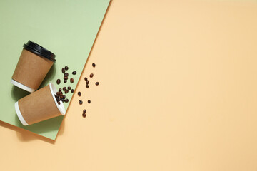 Blank paper cups, composition for delivery and take away concept, space for text