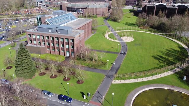 Aerial shot of the University of Limerick. County Limerick, Ireland. Shot taken by drone flying over the University Concert Hall.