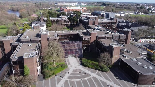 Aerial shot of the University of Limerick. County Limerick, Ireland. Shot taken by drone flying over the campus to the main building.