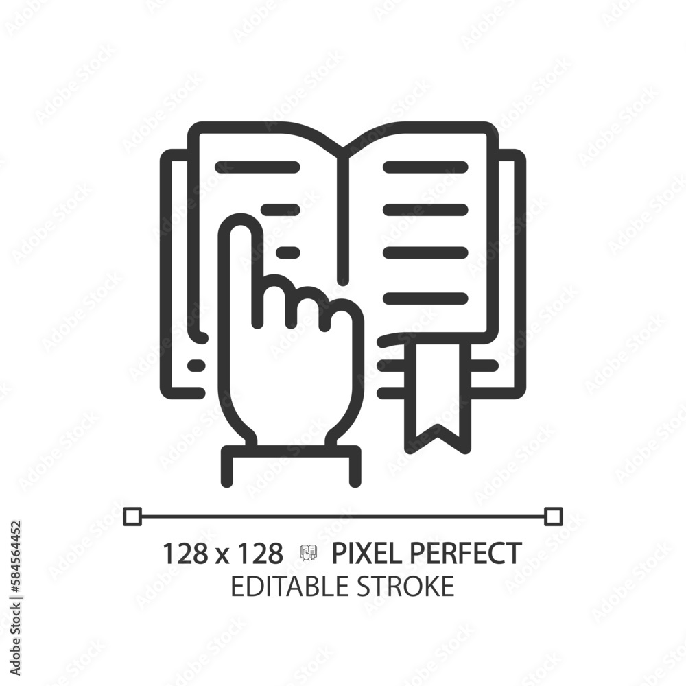Poster stem in reading pixel perfect linear icon. curriculum including science. education activity. technol