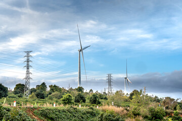 Wind power plant in the sunset in Ea H'Leo district, Dak Lak province, Vietnam