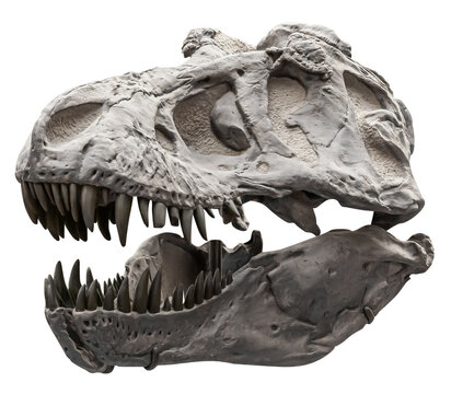 Isolated PNG cutout of a tyrannosaurus rex skull, this dinosaur image is on a transparent background, ideal for photobashing, matte-painting, concept art