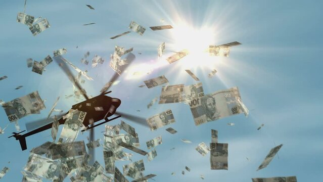Brazil Real banknotes helicopter money dropping. Brazilian 100 BRL notes abstract 3d concept of inflation, money printing, finance, economy, crisis and quantitative easing.