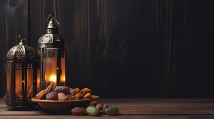 Fototapeta na wymiar Ramadan concept. Dates close-up in the foreground. Ramadan Lantern on a wooden table.