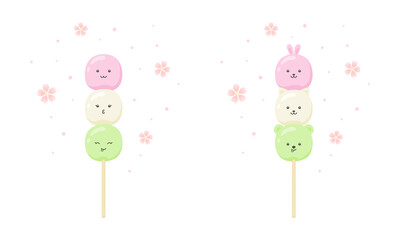 Three color kawaii Dango with funny faces and in the form of cute animals on a white background with cherry blossoms. Traditional Japanese dessert characters. Set of vector illustrations for wrapper