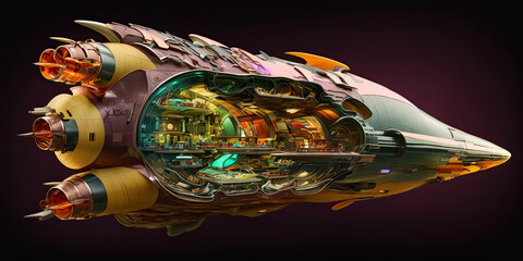 Cross section of a futuristic space ship with rooms and technology - Generative AI