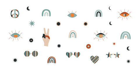 Flat vector hippy boho illustration. Hand drawn retro groovy elements