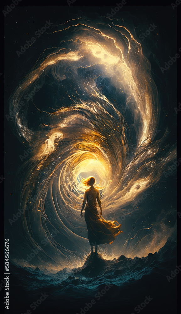 Sticker a person immersed in swirling waves of golden light created using generative ai
