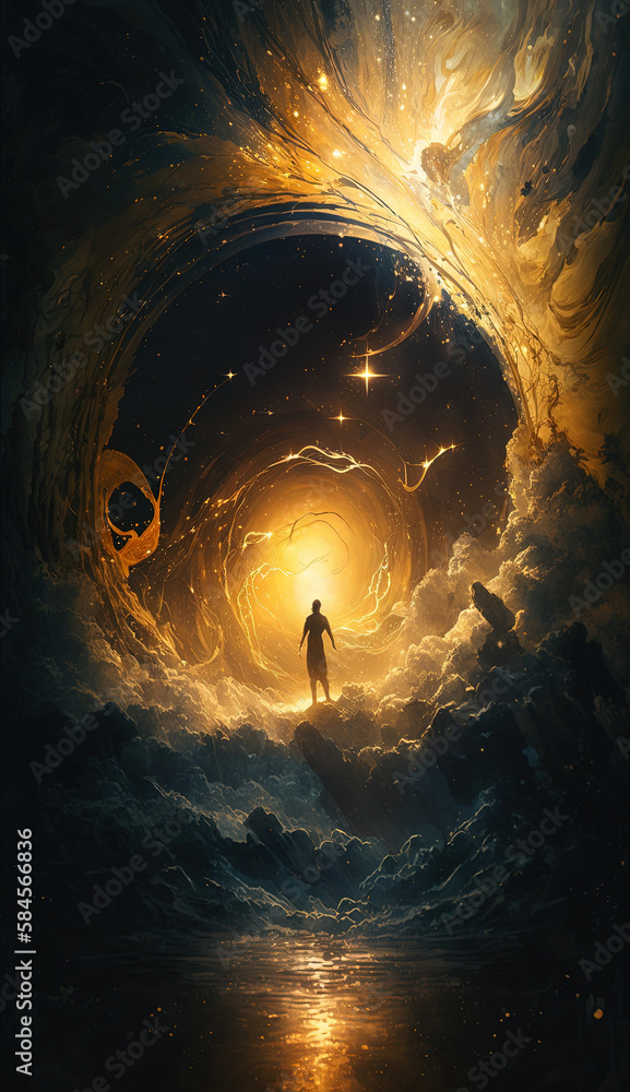 Poster a person surrounded by cosmic energy and golden light created using generative ai