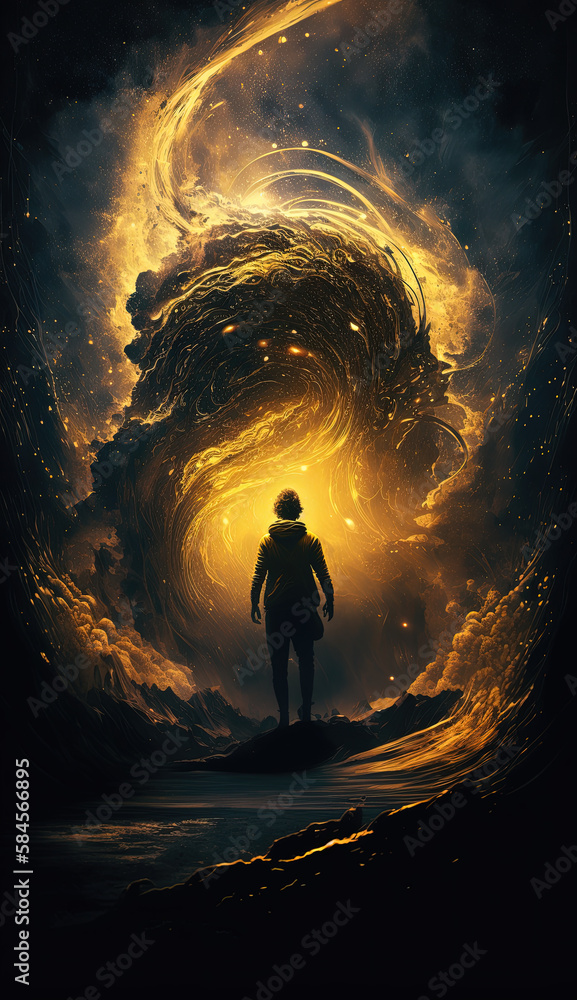 Sticker a person lost in the cosmic embrace of golden light created using generative ai