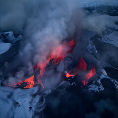 aerial view of volcano eruption with lava flowing out to sea