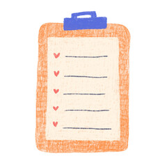 Hand drawn cute clipboard with paper, to do list. 