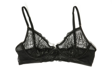 A soft-cup triangle bralette cut from delicate black lace with fully adjustable straps isolated on...