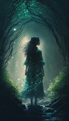 Obraz premium A Mystic Woman with Shimmering Light in a Green Forest Created Using Generative Ai