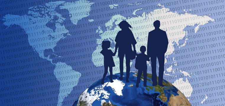 picture of a mother, father, son and daughter family symbolically standing on a miniature globe and moving towards the world map on which the binary code is applied. - Powered by Adobe