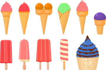 big kit ice cream popsicle different types in cone waffle cup