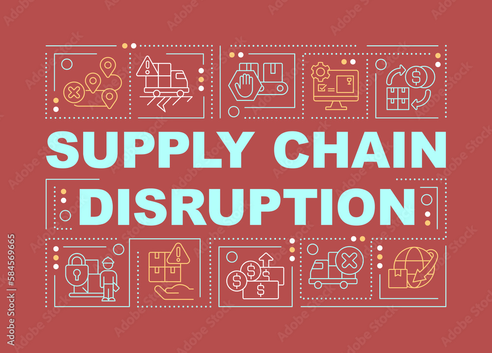 Poster supply chain disruption word concepts yellow banner. distribution. infographics with editable icons 