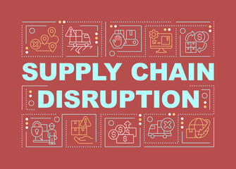 Supply chain disruption word concepts yellow banner. Distribution. Infographics with editable icons on color background. Isolated typography. Vector illustration with text. Arial-Black font used