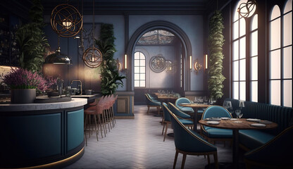 Fototapeta na wymiar modern european restaurant with nice and bright interior, generative ai
