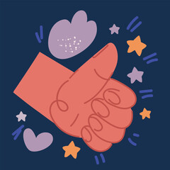 Cartoon vector illustration of Hand Thumb Up on dark background.