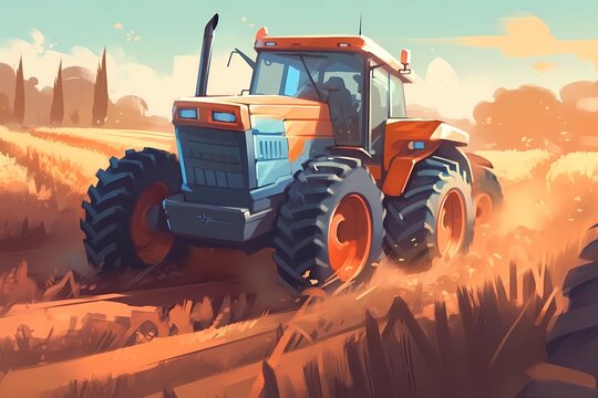 Create an image of a robotic tractor plowing a futuristic farm. Generative AI