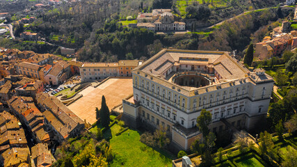 Aerial view of the Villa Farnese, a pentagonal mansion in Caprarola, near Viterbo, Italy. It is a...