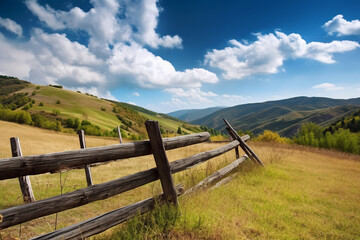 Fototapeta na wymiar Rustic wooden fence with a backdrop of rolling hills and blue skies, generative ai