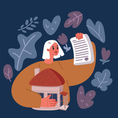 Cartoon vector illustration of woman holding house