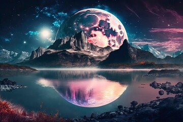 Watercolor style mountain around a lake full moon stars. Generative AI