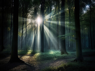 Naklejka premium Sonnenstrahlen brechen durch das Blätterdach in einem entspannten Wald